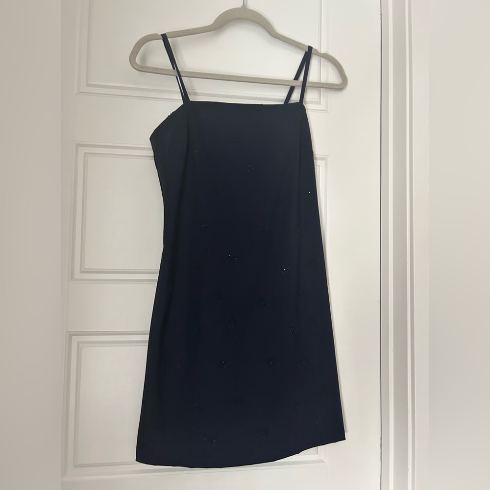 Vintage navy mini dress with beading detail, fits like a sz 2-4